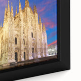 Extra large framed canvas of a Milan cityscape in black with colorful, textured details, ideal for living room decor.