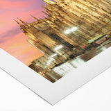 Art deco poster of Milan scenery on rolled canvas, featuring muted earth tones, ideal for dining room wall art.