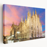 Side view of a stretched canvas depicting a Milan cityscape in muted earth tones, ideal for kitchen wall art.