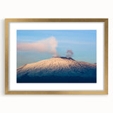 Abstract art print of Mount Etna in muted earth tones, gold-framed with mat, suitable for dining room decor.