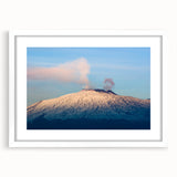 Textured art of Mount Etna with abstract style in earth tones, framed with a white mat, suitable for bedroom decor.