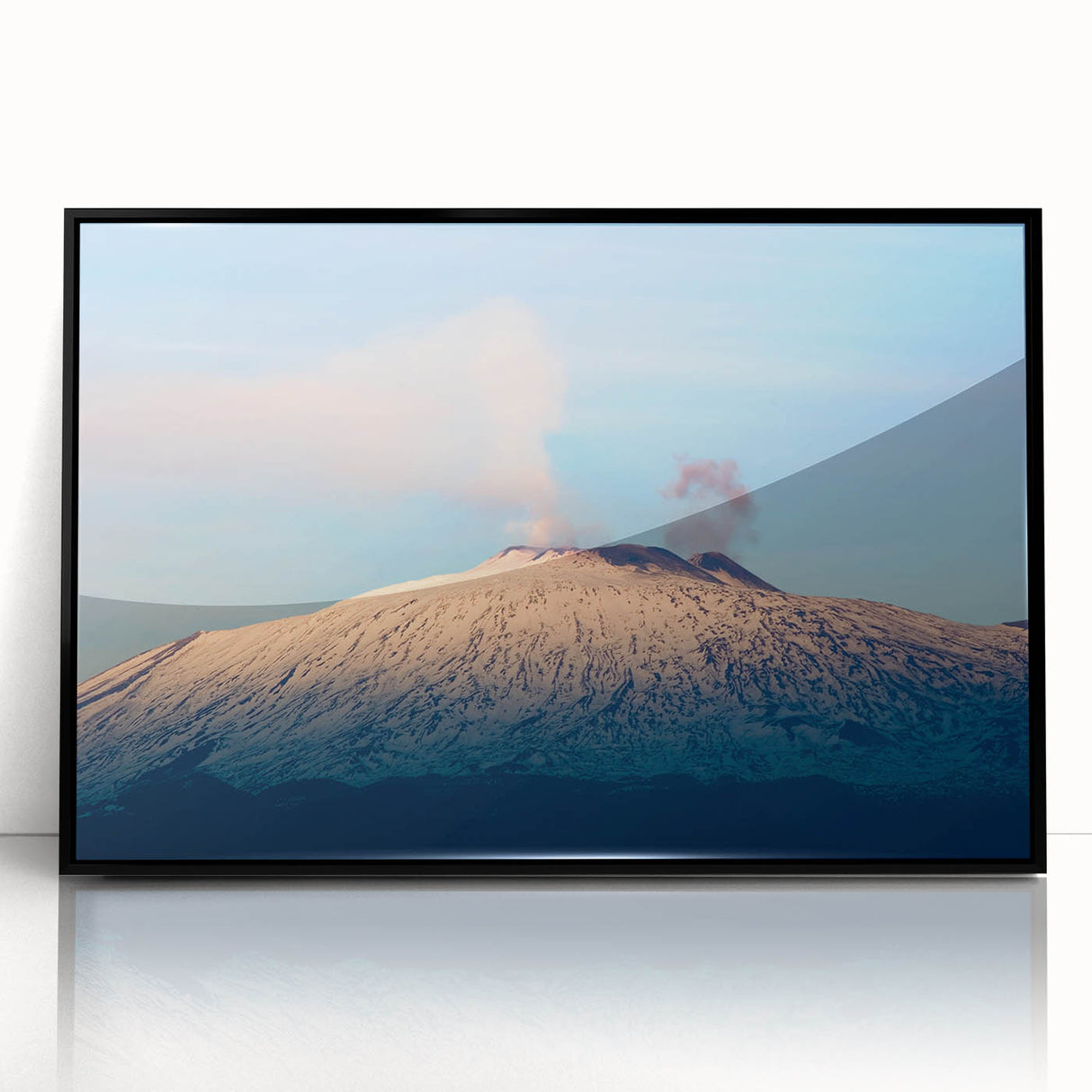 Large abstract wall art depicting Mount Etna in muted earth tones on a black framed acrylic.
