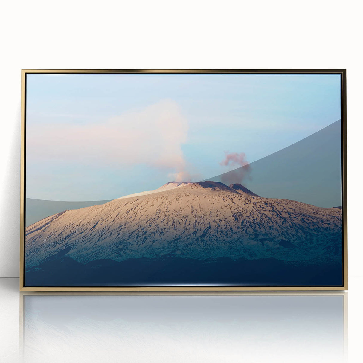 Modern art wall decor featuring Mount Etna in muted earth tones, acrylic print framed in gold, suitable for nursery wall art.