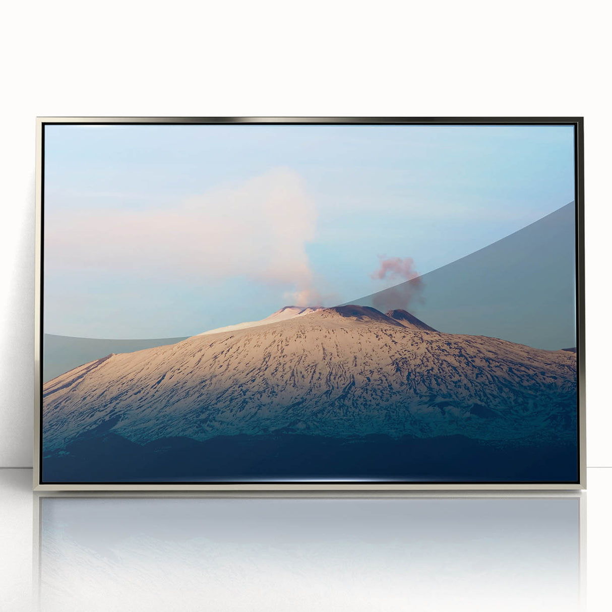 Large art print of Mount Etna in muted earth tones, framed in silver acrylic, ideal for modern art wall decor.
