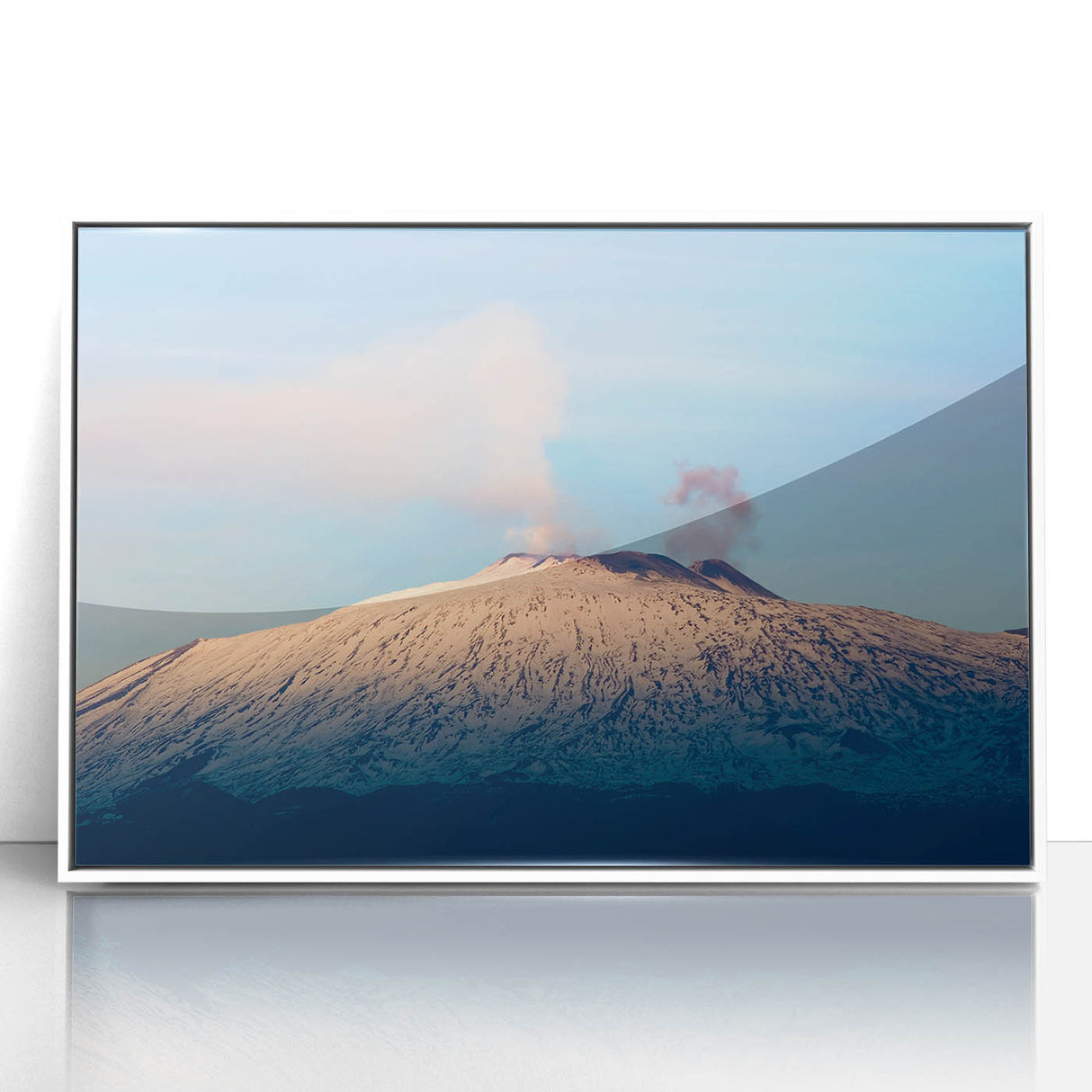 Mid-century modernist art depicting Mount Etna in muted earth tones on a white framed acrylic.