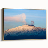 Framed canvas wall art depicting Mount Etna in muted earth tones, ideal for bedroom decor.