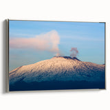 Framed canvas landscape art painting of Mount Etna, featuring a vintage poster style with a black and colorful art palette.