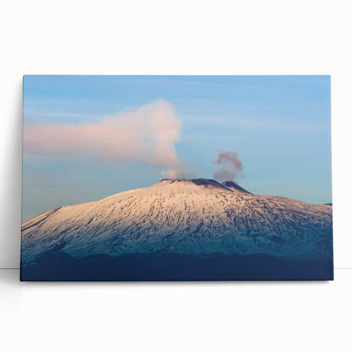 Black and white photo of Mount Etna on stretched canvas, ideal for kitchen wall art.