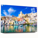 Acrylic print of a Naples, Italy cityscape with vivid blue and orange hues, ideal for dining room decor.