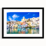 Extra large, colorful abstract art print of a European scenery, framed in black, suitable for living room decor.