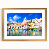 Abstract art print of Naples scenery in muted earth tones, framed in gold, suitable for dining room decor.