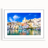 Textured abstract art print of Naples scenery in muted earth tones, framed with a white mat, suitable for bedroom decor.