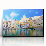 Large abstract wall art depicting a stylized Naples scenery in muted colors, acrylic print in a black frame.