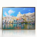 Acrylic print of Naples scenery in art deco style with gold frame, ideal for modern art wall decor.
