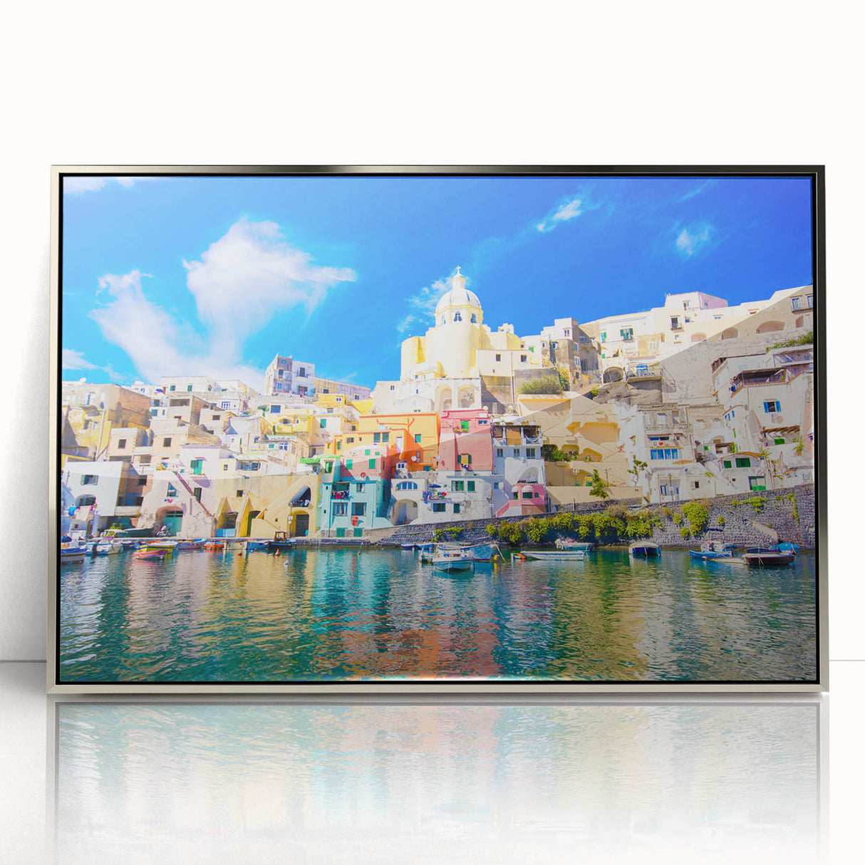 Large art print of Naples, Italy in muted pastel tones on a silver-framed acrylic, ideal for modern art wall decor.