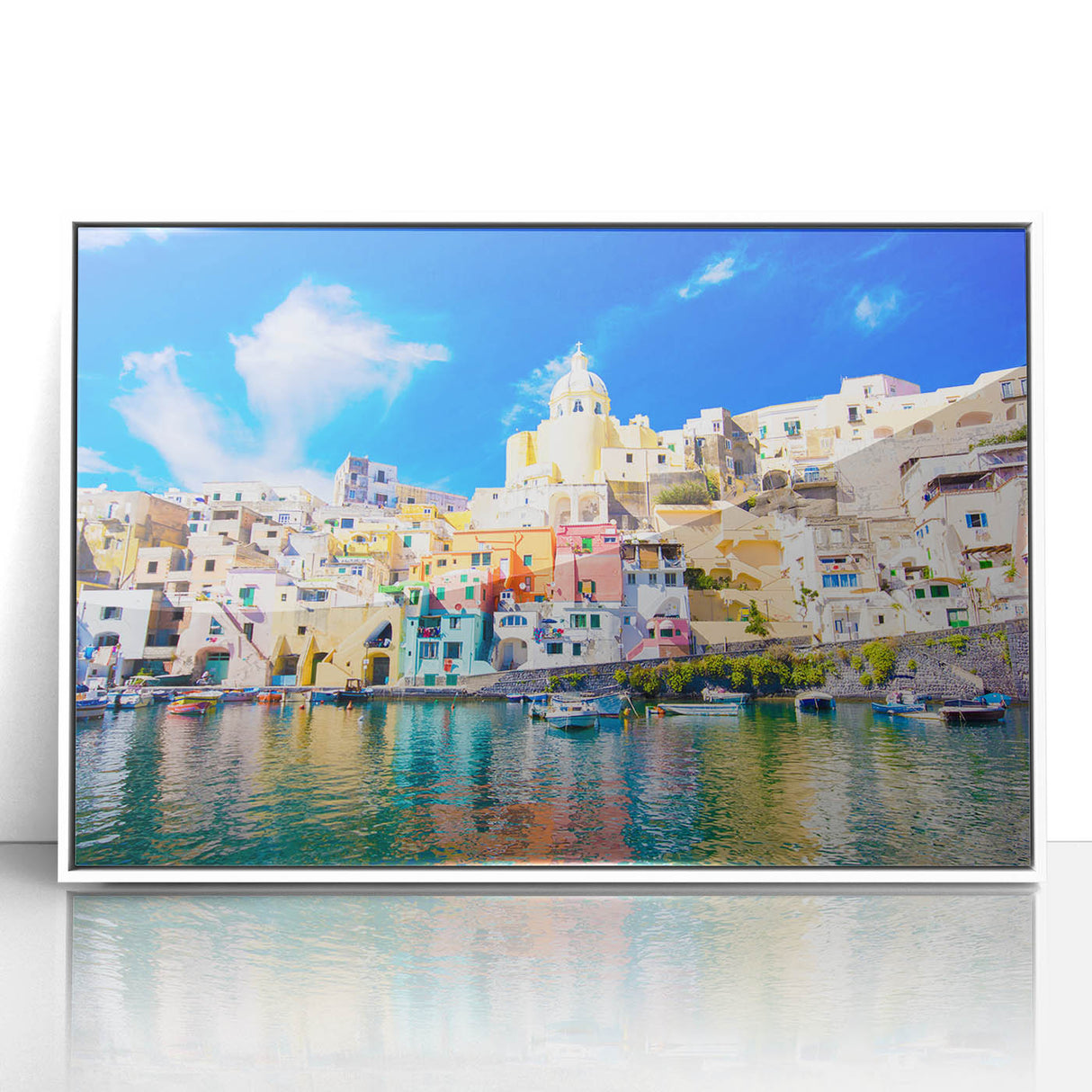Mid-century modernist art depicting Naples, Italy, in muted earth tones on framed acrylic, ideal for nursery wall art.