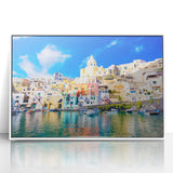 Mid-century modernist art depicting Naples, Italy, in muted earth tones on framed acrylic, ideal for nursery wall art.