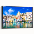 Black and white framed canvas featuring a vintage-style landscape of Naples, Italy, ideal for bedroom decor.