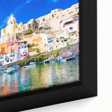 Extra large framed canvas of a textured Naples scenery in vibrant colors, ideal for living room decor.