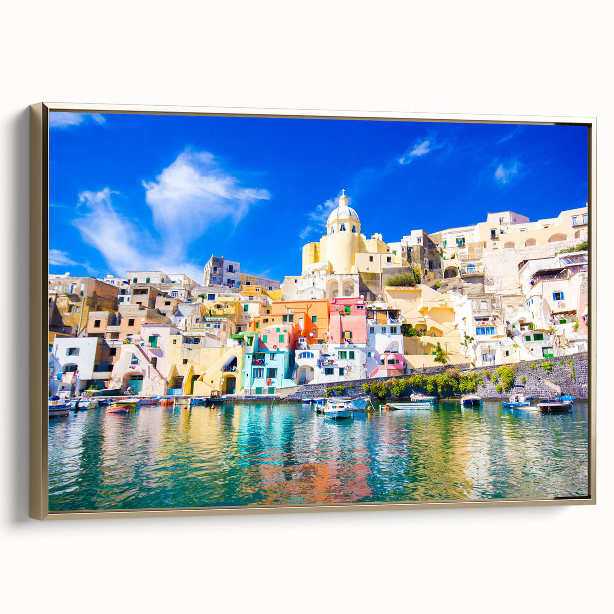 Framed canvas depicting a vintage-style Naples landscape in muted gold and black, ideal for bedroom wall art.