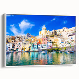 Framed canvas featuring a vintage poster art of Naples with colorful imagery on a black background.