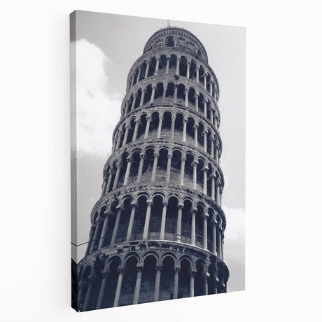 Side view of a stretched canvas depicting the Leaning Tower of Pisa in muted earth tones, suitable for kitchen wall art.