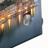 Acrylic print of Portofino, Italy with vibrant color palette in a mid-century modernist style, ideal for dining room art.