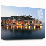 Large abstract wall art of Portofino, Italy, in vibrant blues and greens on acrylic glass.