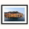 Extra large framed wall art depicting an abstract, colorful Portofino scenery in textured style, ideal for living room decor.