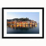 Extra large framed wall art depicting an abstract, colorful Portofino scenery in textured style, ideal for living room decor.