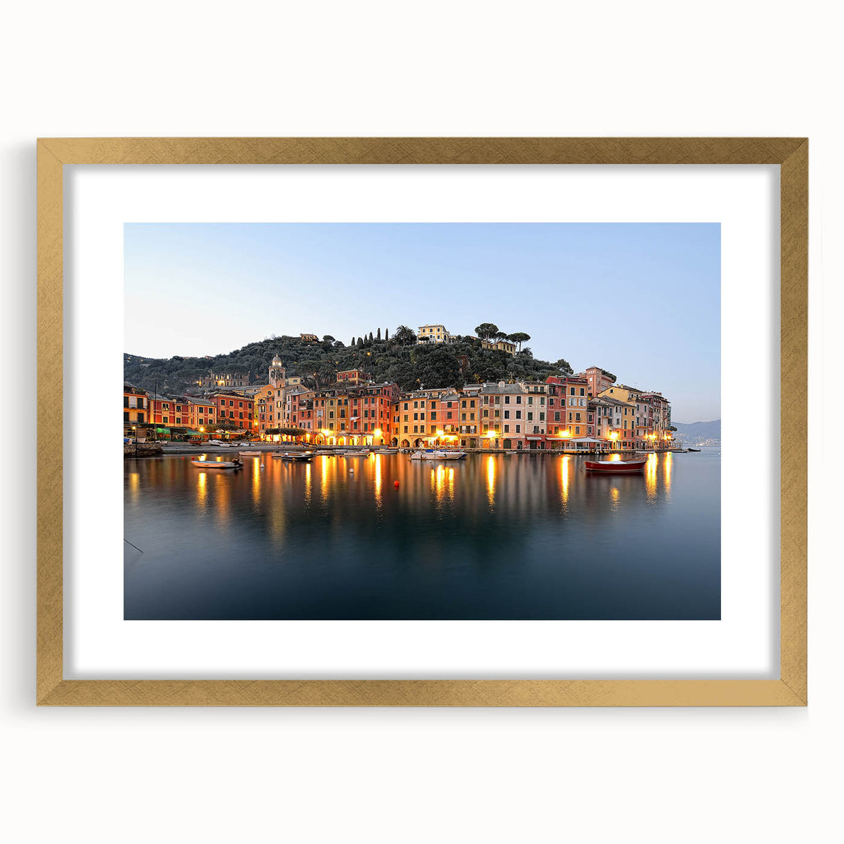 Abstract art print of Portofino, Italy, in muted earth tones on a framed canvas, suitable for dining room decor.