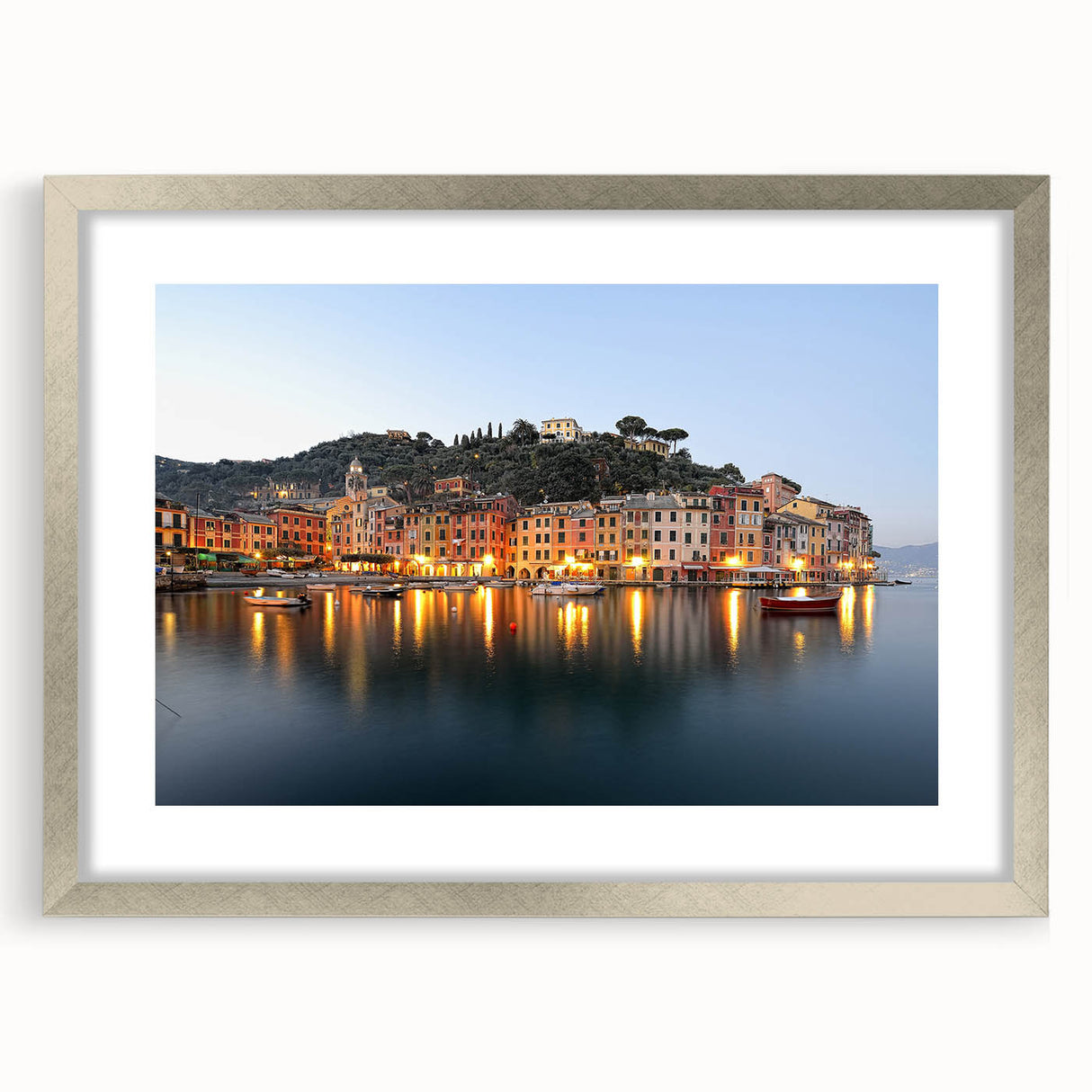 Extra large framed wall art of a textured abstract Portofino scenery in muted earth tones, ideal for living room decor.