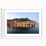 Textured art print of Portofino, Italy, in abstract style with vibrant hues on a white framed mat, ideal for bedroom art.