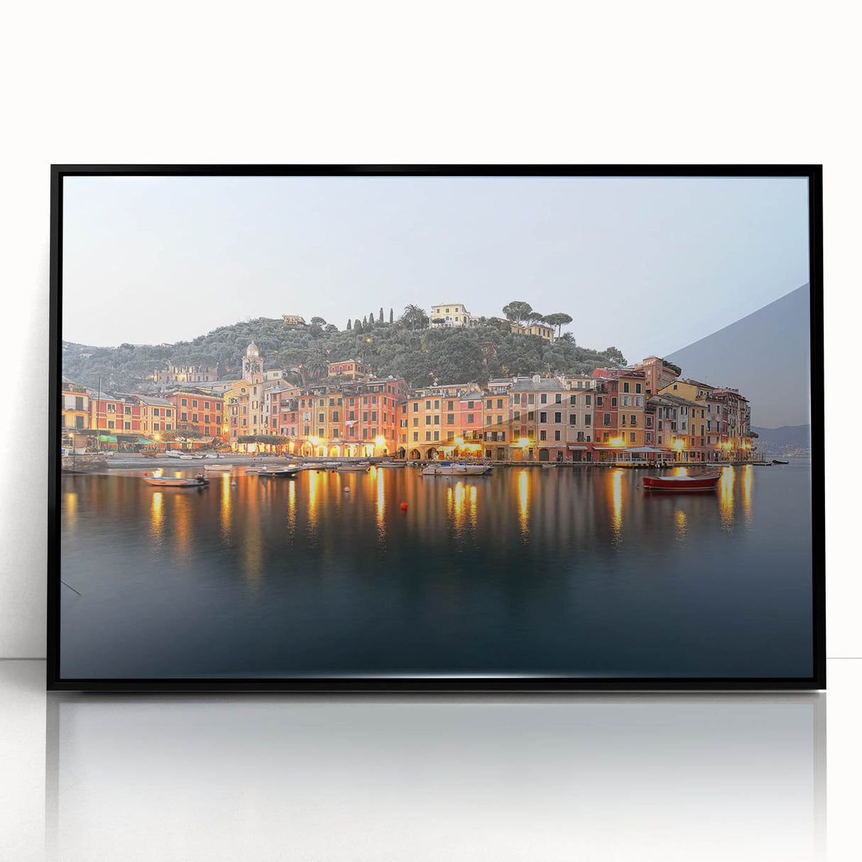 Large abstract wall art of Portofino, Italy in vibrant colors on a framed acrylic, ideal for modern living room decor.