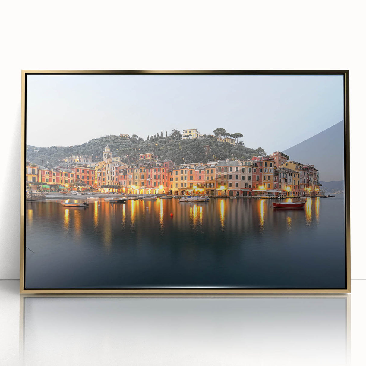Acrylic print of Portofino, Italy with vibrant colors in an art deco style, ideal for modern art wall decor.