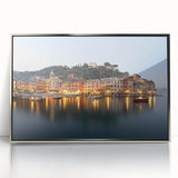 Mid-century modernist style acrylic print of Portofino, Italy, in vibrant colors, ideal for modern art wall decor.