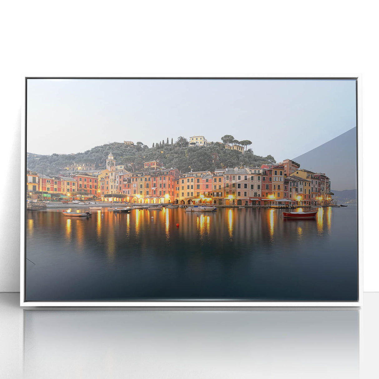 Mid-century modernist art depicting Portofino, Italy in muted blue and green shades on a framed acrylic print.