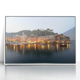 Mid-century modernist art depicting Portofino, Italy in muted blue and green shades on a framed acrylic print.