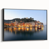 Black and white landscape art of Portofino, Italy on framed canvas, ideal for bedroom wall decor.