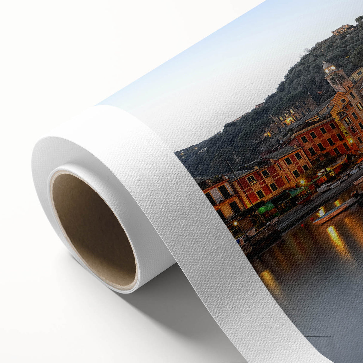 Art deco poster of Portofino, Italy on rolled canvas featuring pastel seaside tones.
