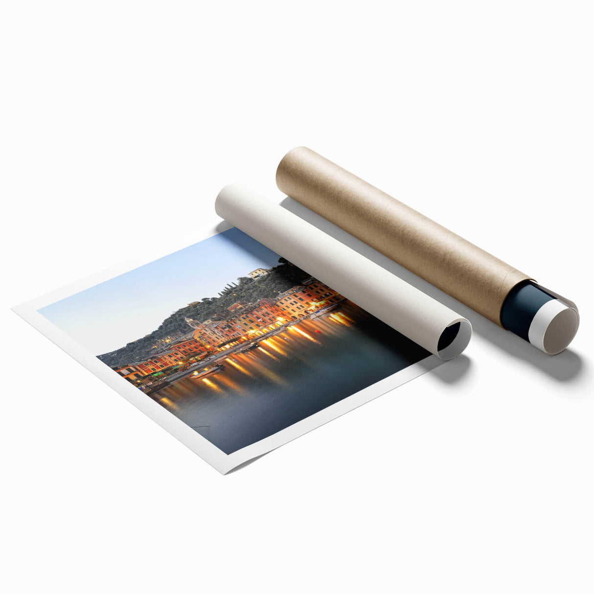 Rolled print of Portofino, Italy, featuring vibrant floral details in a large format.