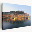Portofino, Italy coastal scene on stretched canvas, showing vibrant blue and green tones, ideal for kitchen wall art.