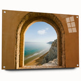 Acrylic print of a Sicilian landscape, with vibrant blue and green tones, ideal for dining room decor.
