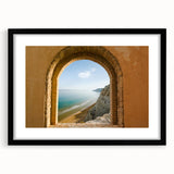 Colorful abstract art print of a Sicilian landscape, in a black frame with a mat, ideal for living room decor.