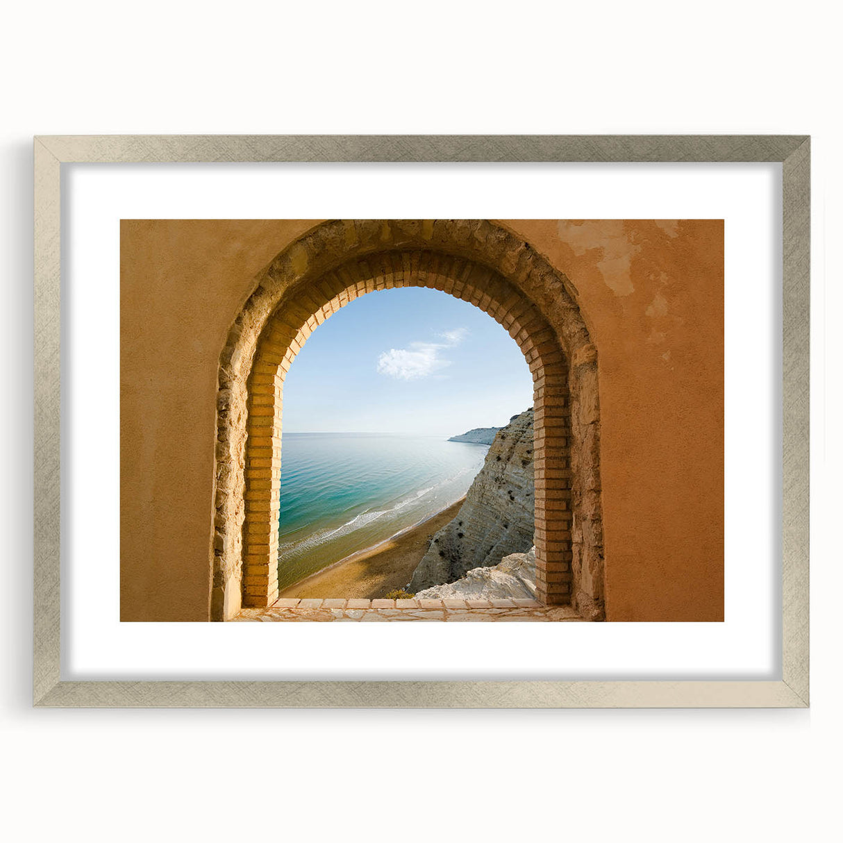 Extra large wall art of abstract Sicilian scenery in textured silver frame, ideal for living room decor.