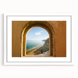 Textured art print of an abstract Sicilian landscape in muted earth tones on a framed white mat, ideal for bedroom art.