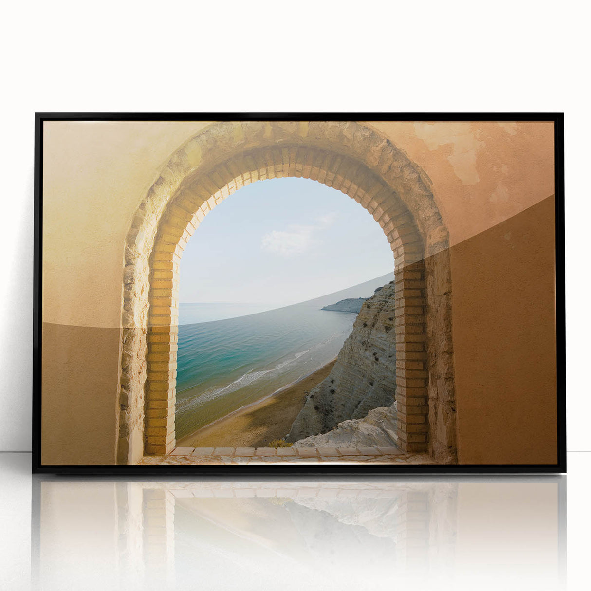 Large abstract wall art of Sicilian landscape in muted earth tones, framed in black acrylic.