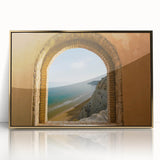 Art deco poster of a Sicilian landscape with gold frame, acrylic print, ideal for modern art wall decor.