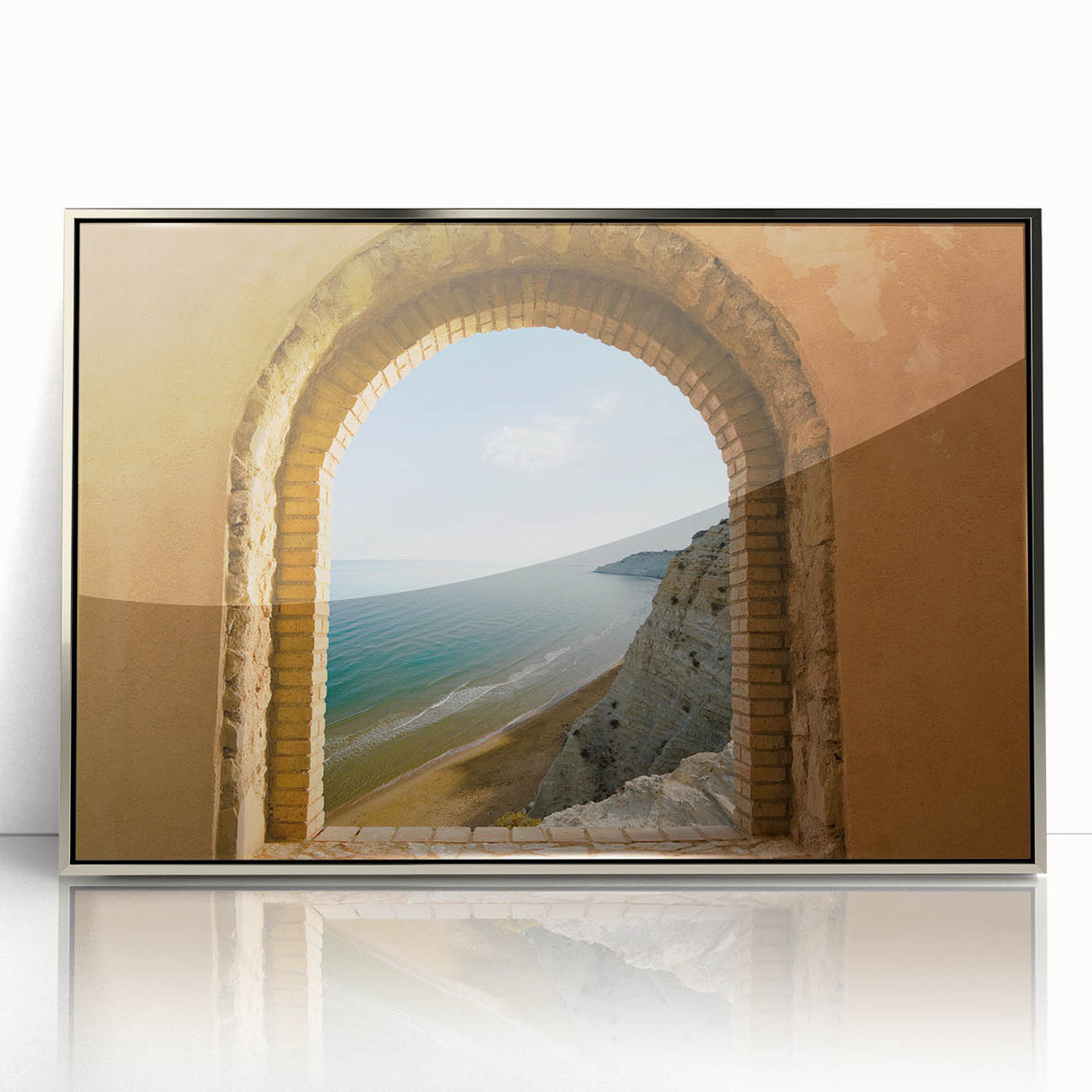 A large art print of a Sicilian landscape, featuring muted earth tones in a mid-century modernist style.