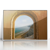 Mid-century modernist art depicting a Sicilian landscape in muted earth tones on a framed acrylic panel.